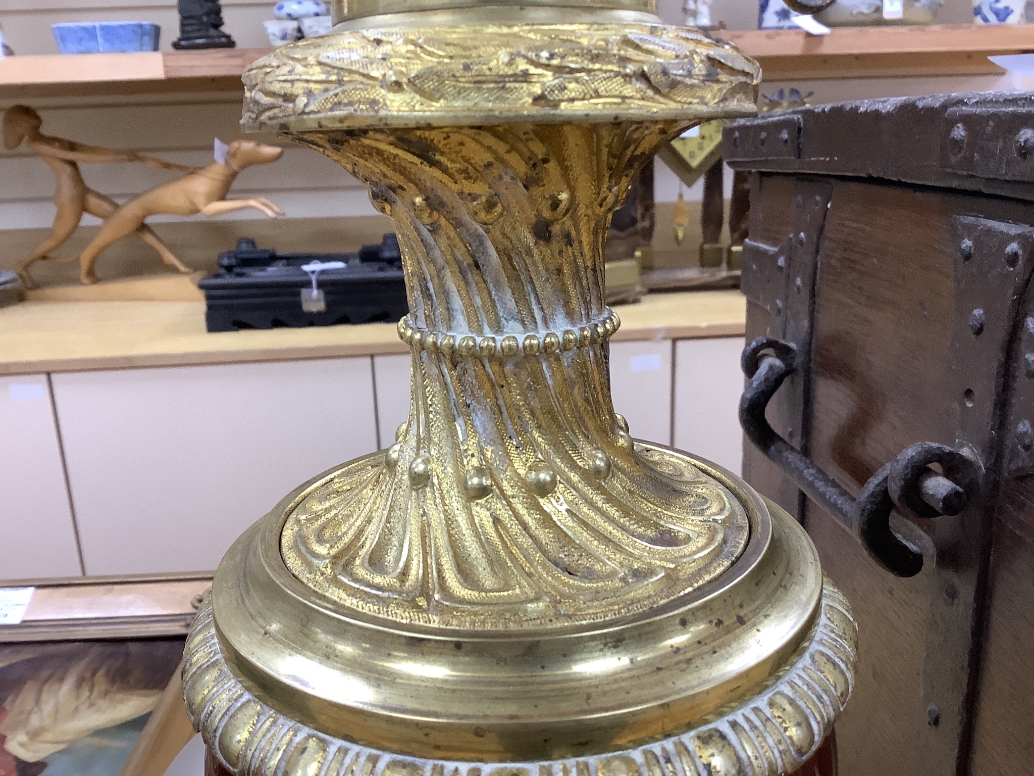 A pair of 19th century French ormolu and enamelled oil lamps, height 46cm